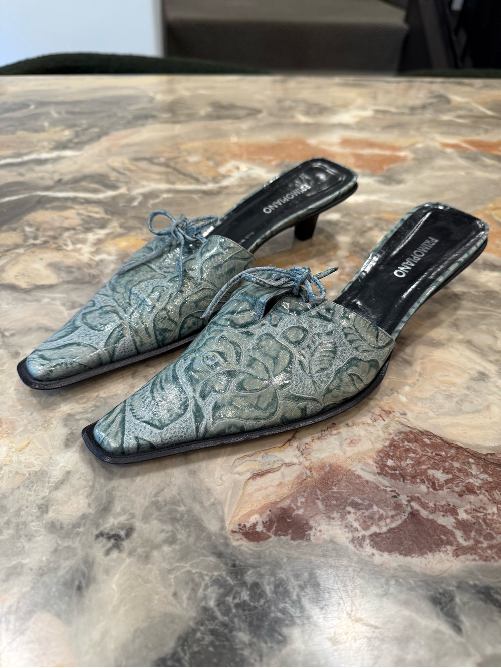 Primo Piano Green Leather Kitten Heel Mules